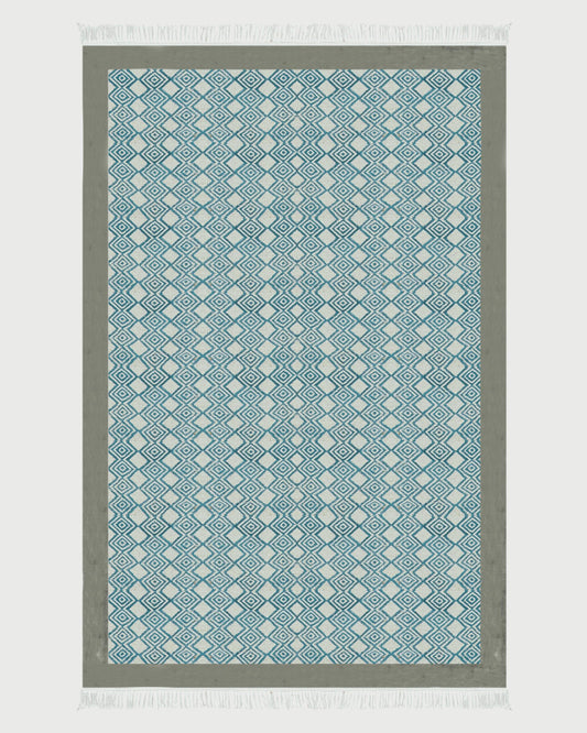 Hand Block Printed Farm House Blue Cotton Dhurrie