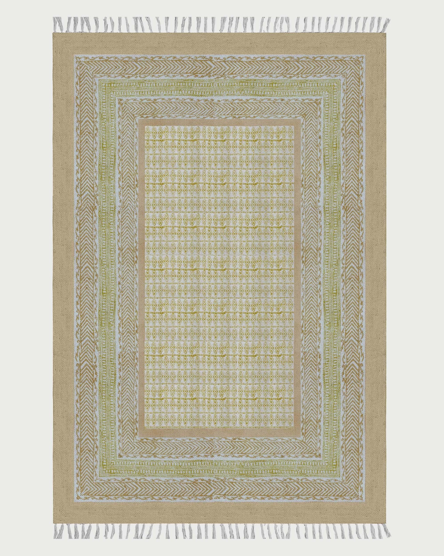 Beige Hand Block Printed Living Room Cotton Dhurrie