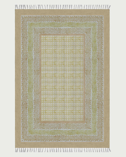 Beige Hand Block Printed Living Room Cotton Dhurrie