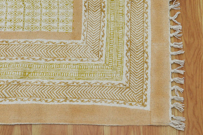 Beige Hand Block Printed Living Room Cotton Dhurrie