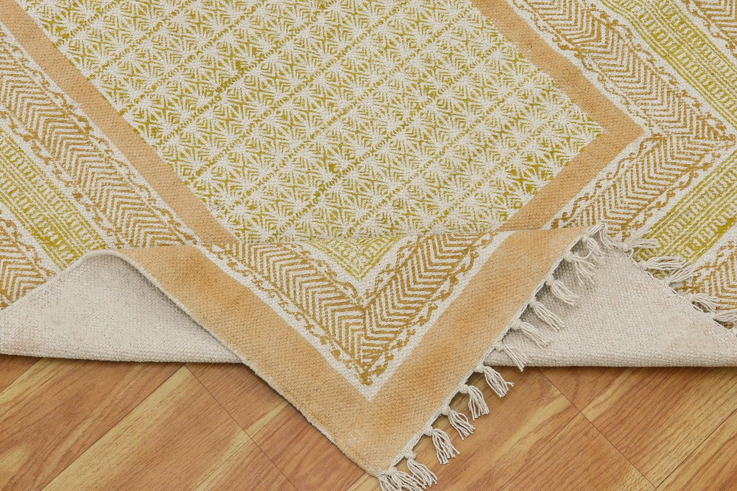 Beige Hand Block Printed Living Room Cotton Dhurrie