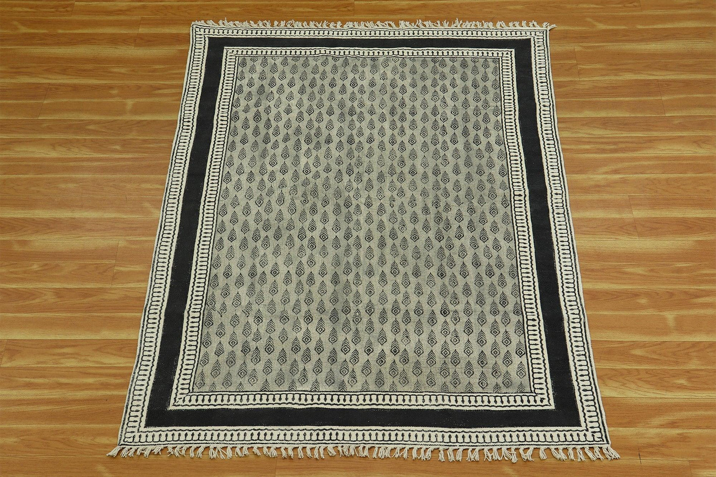 Gray Hand Block Printed Interior Cotton Dhurrie