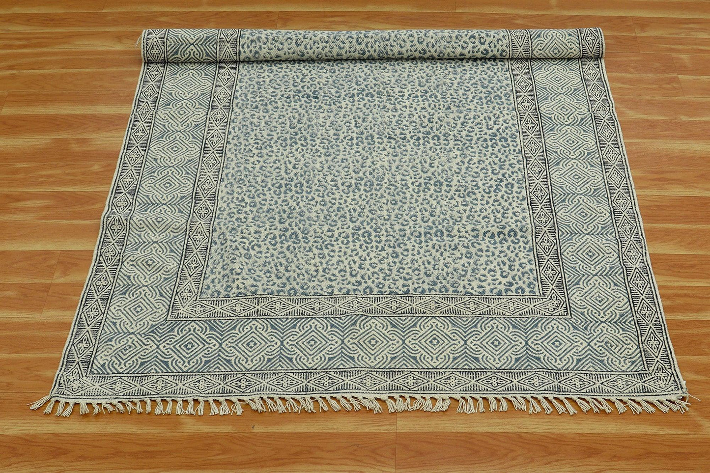 Gray Indian Hand Block Print Geometric Cotton rug