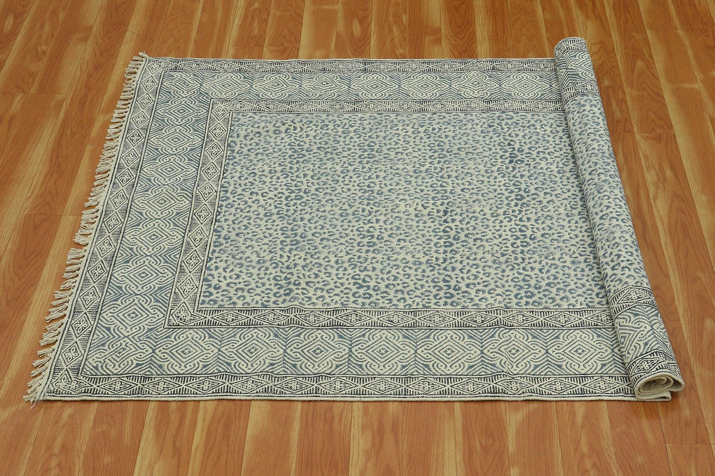 Gray Indian Hand Block Print Geometric Cotton rug