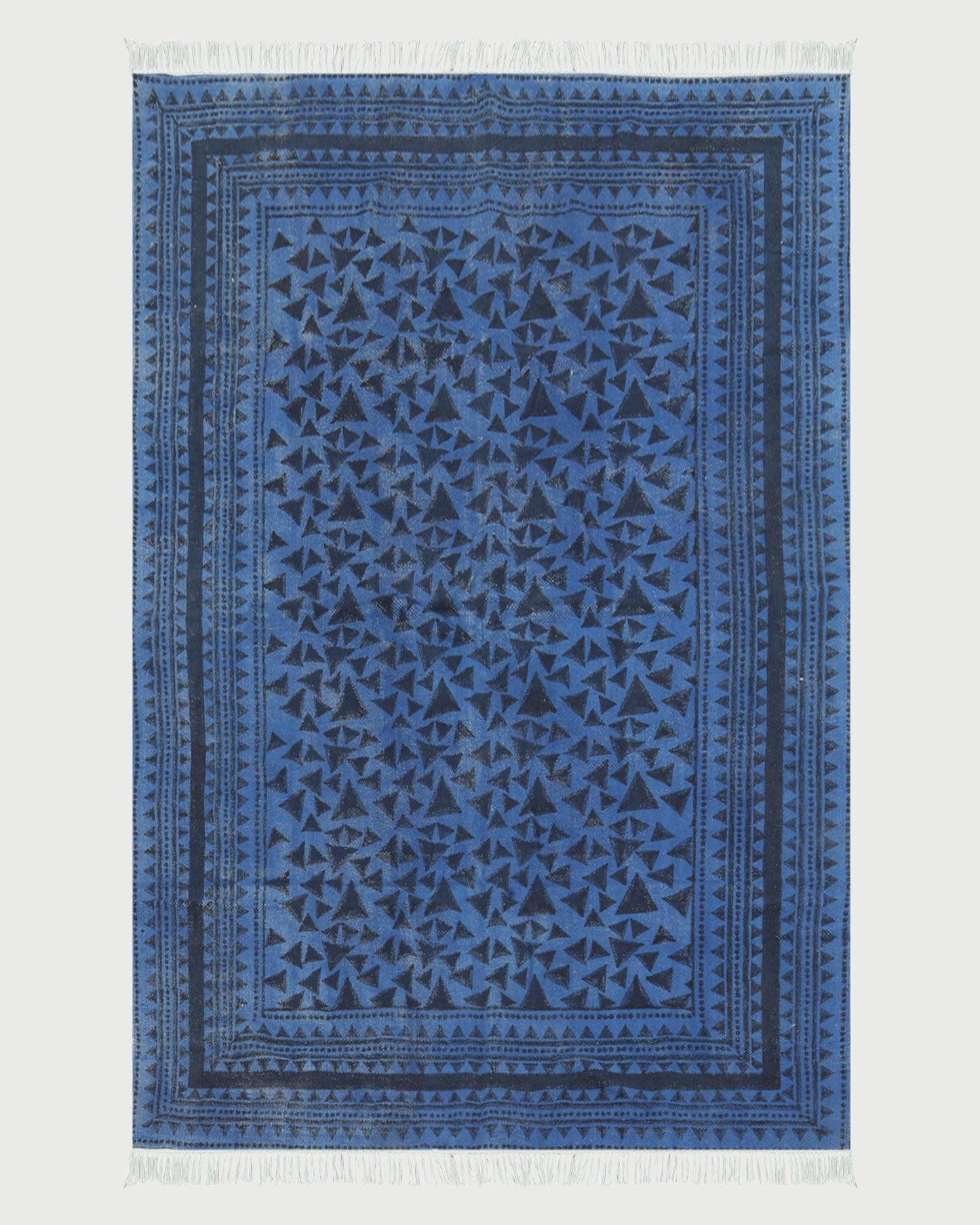 Blue Black Indian Hand Block Print Geometric Cotton rug