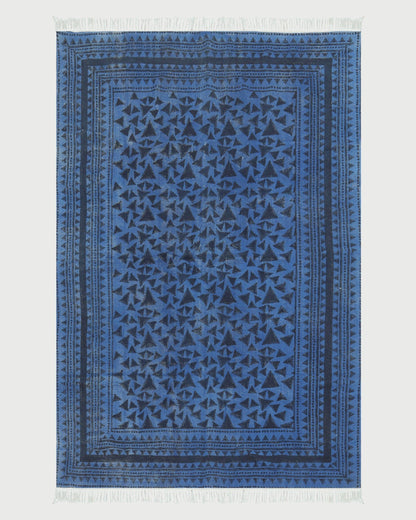 Blue Black Indian Hand Block Print Geometric Cotton rug