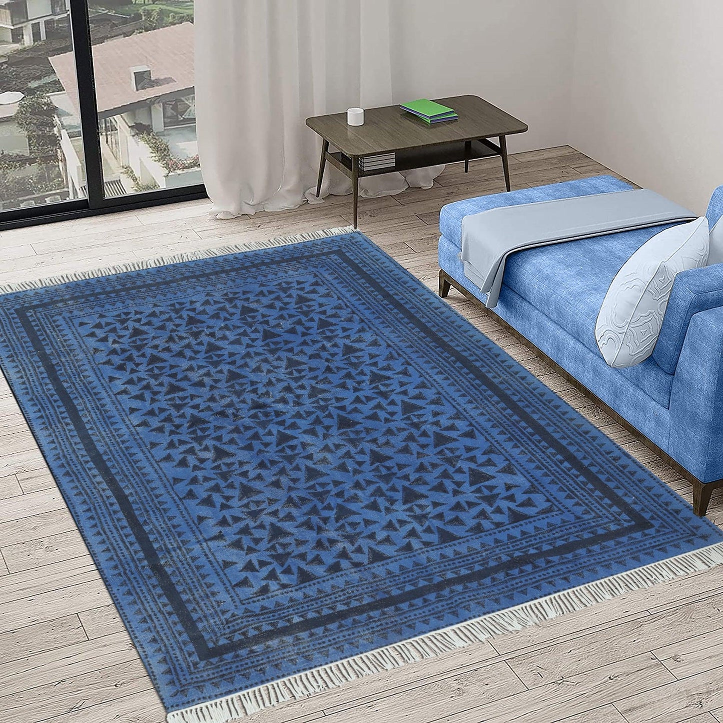 Blue Black Indian Hand Block Print Geometric Cotton rug