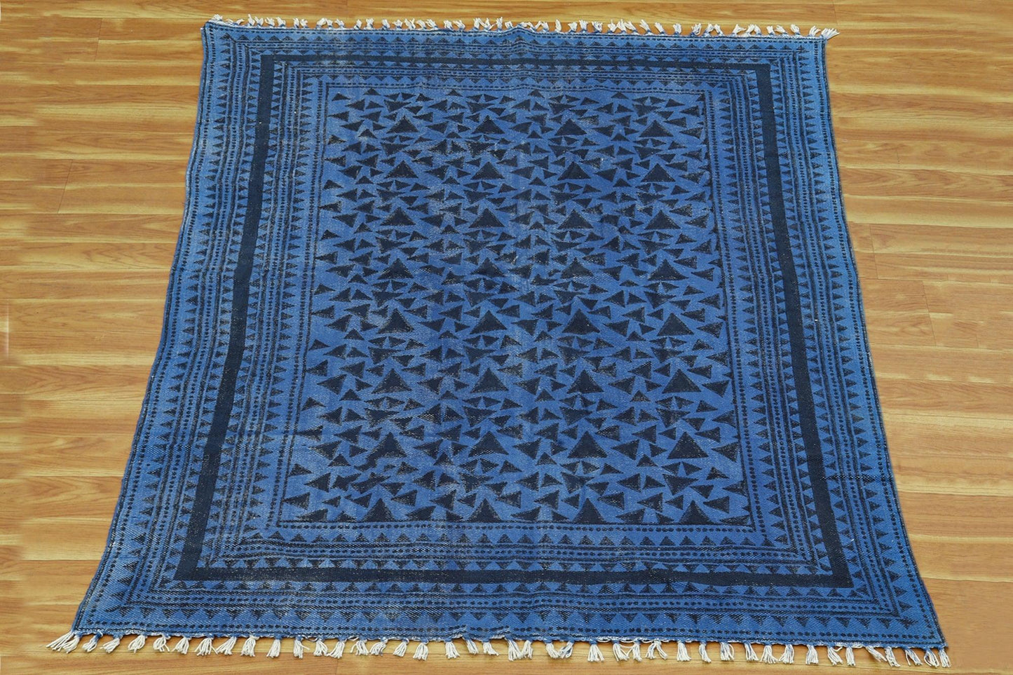 Blue Black Indian Hand Block Print Geometric Cotton rug