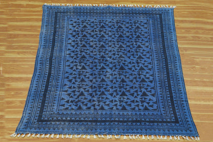 Blue Black Indian Hand Block Print Geometric Cotton rug