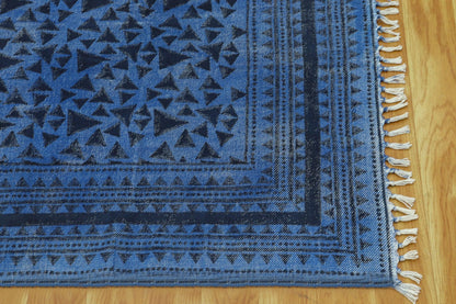 Blue Black Indian Hand Block Print Geometric Cotton rug