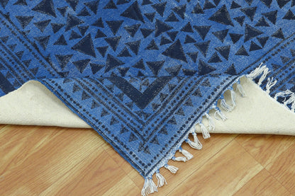 Blue Black Indian Hand Block Print Geometric Cotton rug