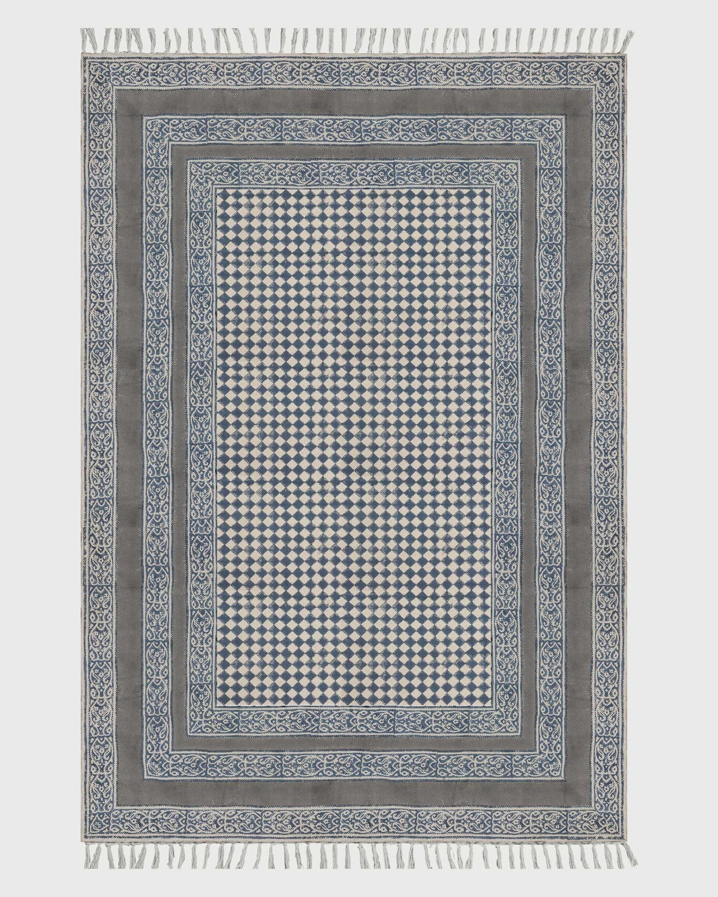 Gray Beige Indian Hand Block Print Geometric Cotton rug