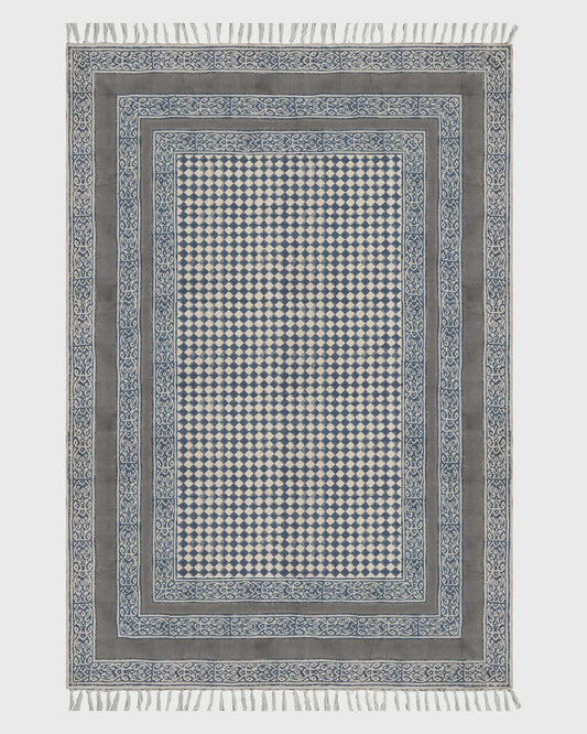 Gray Beige Indian Hand Block Print Geometric Cotton rug