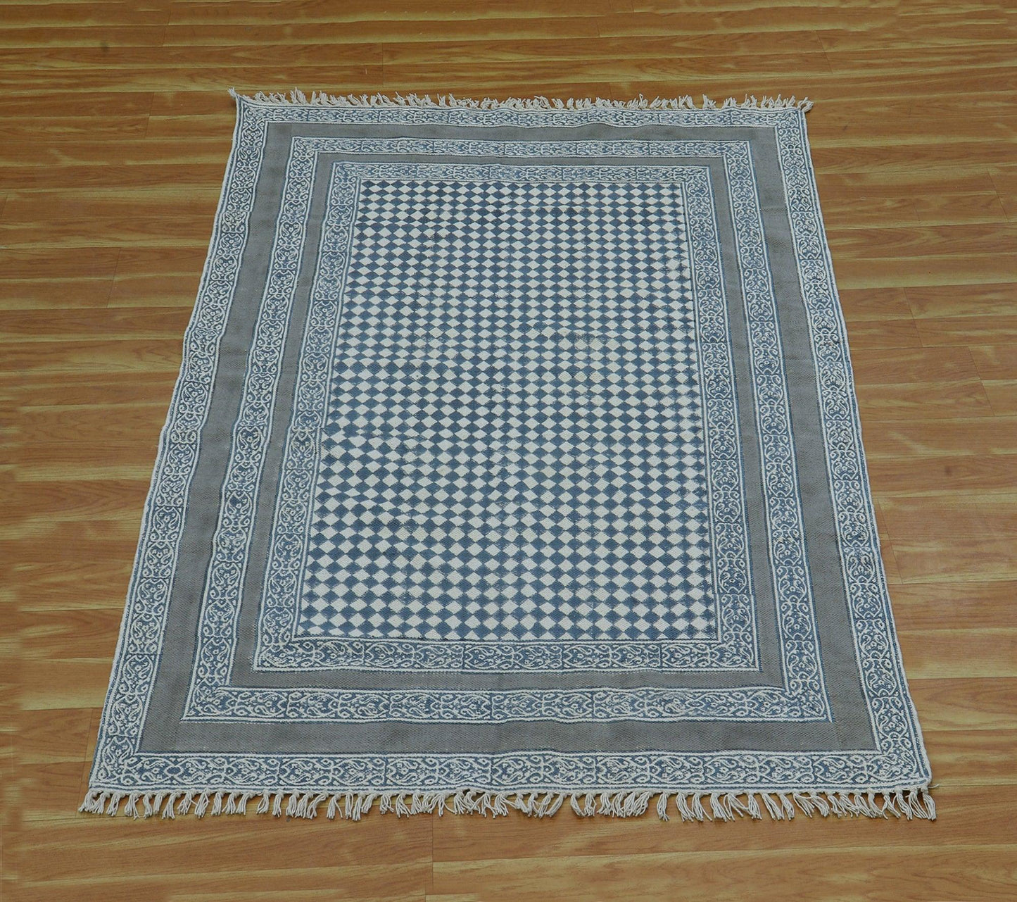 Gray Beige Indian Hand Block Print Geometric Cotton rug