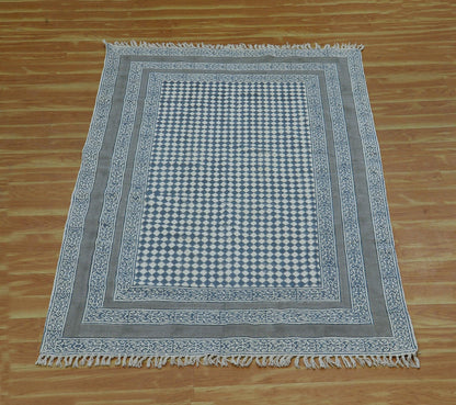 Gray Beige Indian Hand Block Print Geometric Cotton rug