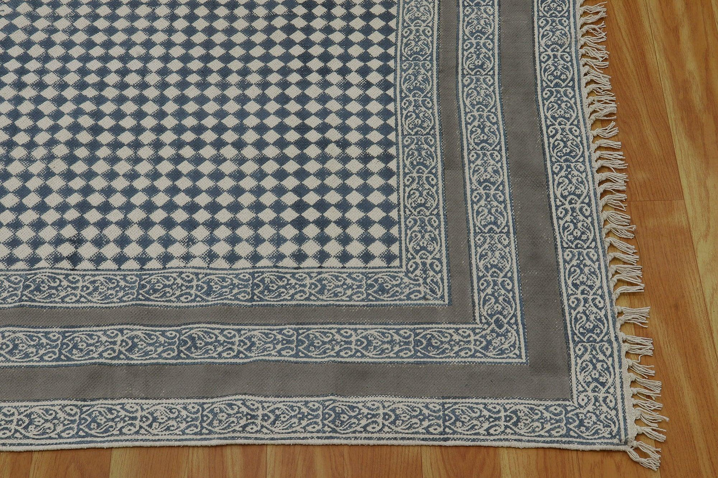 Gray Beige Indian Hand Block Print Geometric Cotton rug