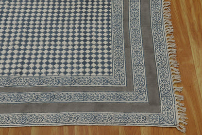 Gray Beige Indian Hand Block Print Geometric Cotton rug