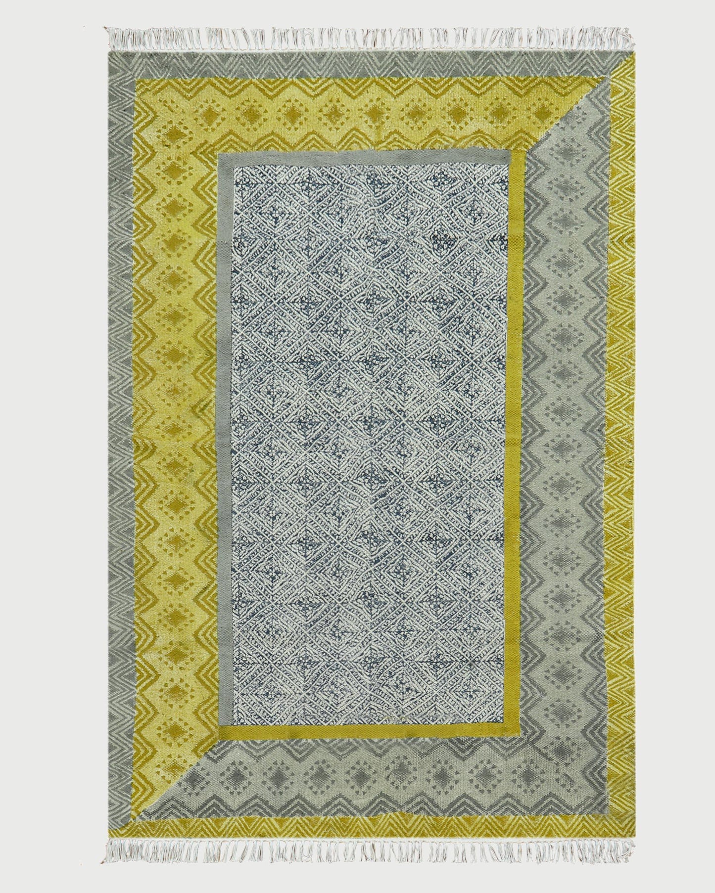 Gray Yellow Indian Hand Block Print Geometric Cotton rug