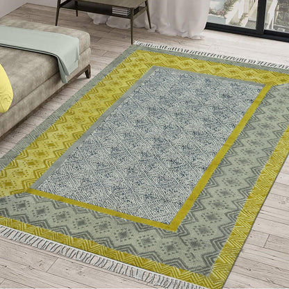 Gray Yellow Indian Hand Block Print Geometric Cotton rug