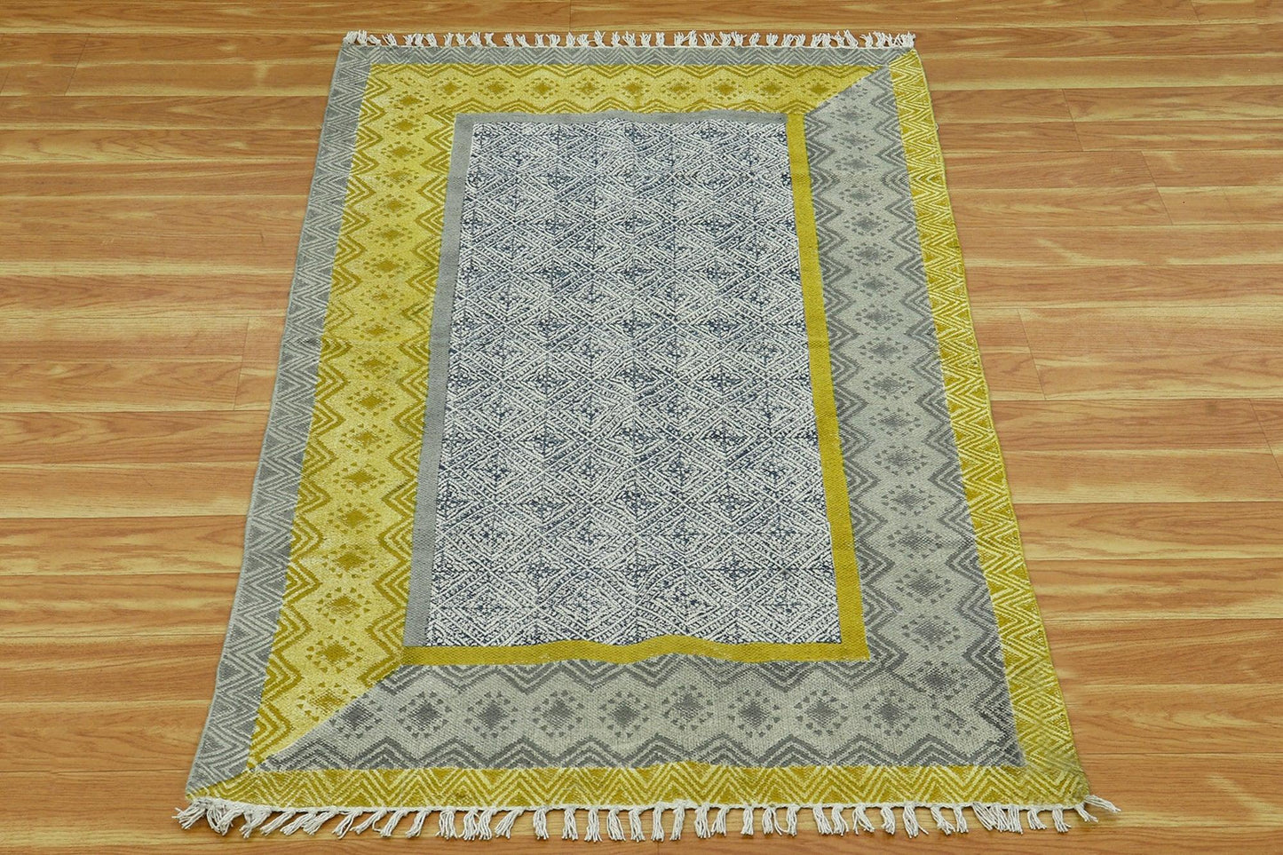 Gray Yellow Indian Hand Block Print Geometric Cotton rug