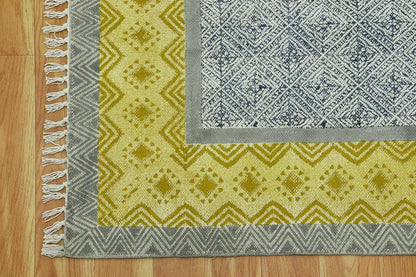 Gray Yellow Indian Hand Block Print Geometric Cotton rug