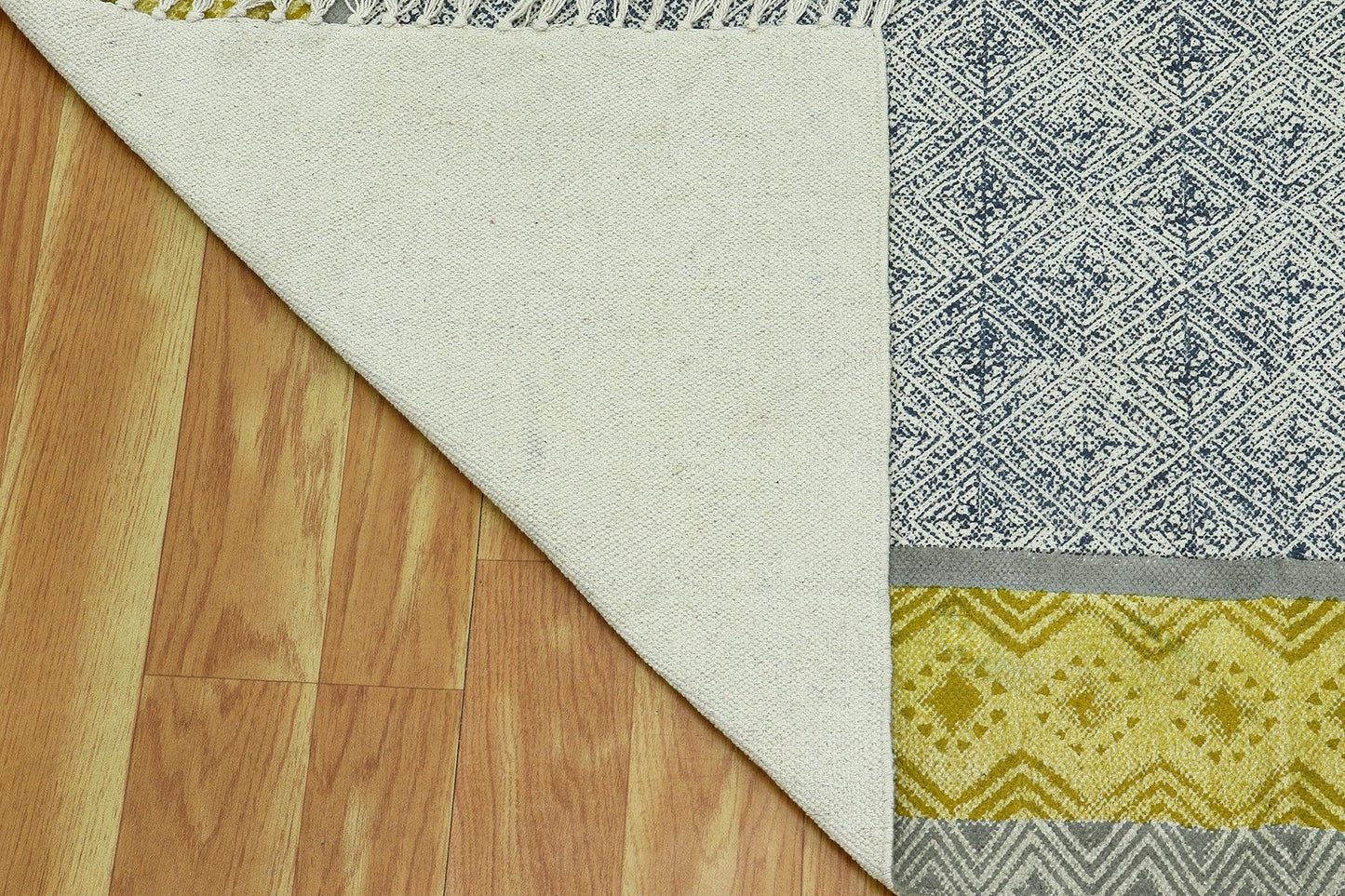 Gray Yellow Indian Hand Block Print Geometric Cotton rug