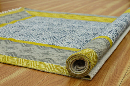 Gray Yellow Indian Hand Block Print Geometric Cotton rug