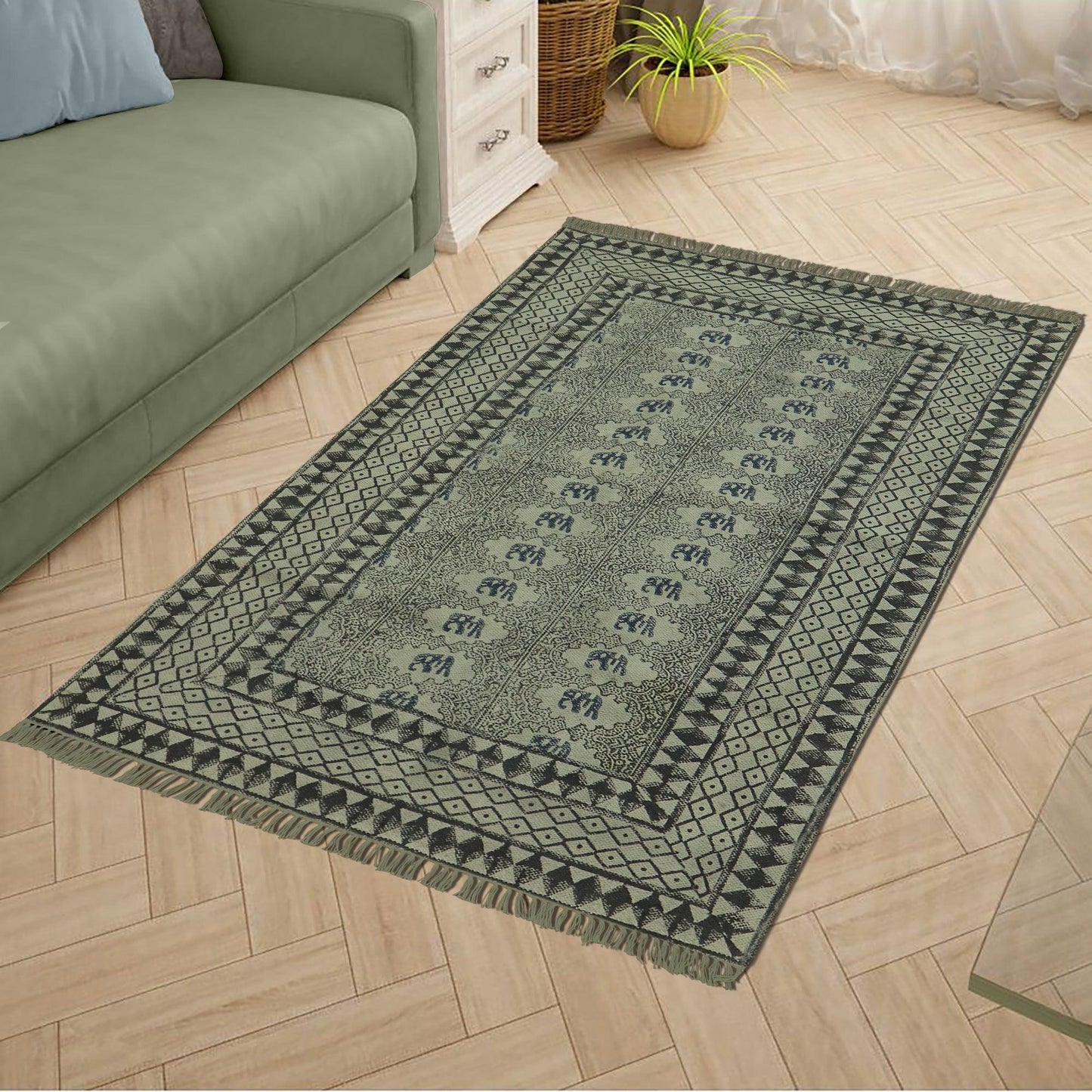 Black Gray Indian Hand Block Print Geometric Cotton rug