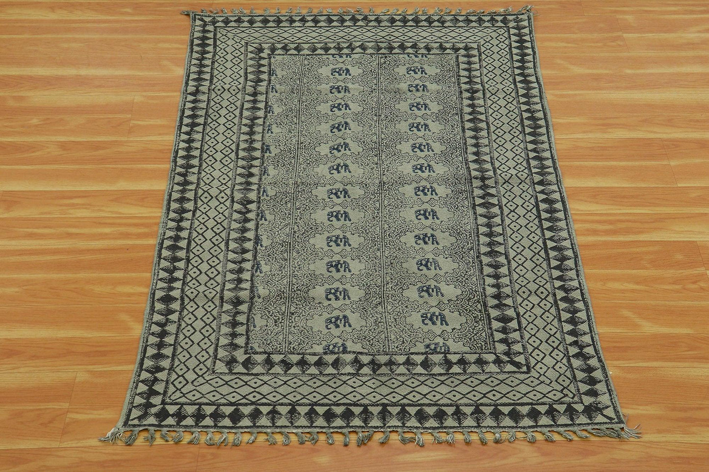 Black Gray Indian Hand Block Print Geometric Cotton rug