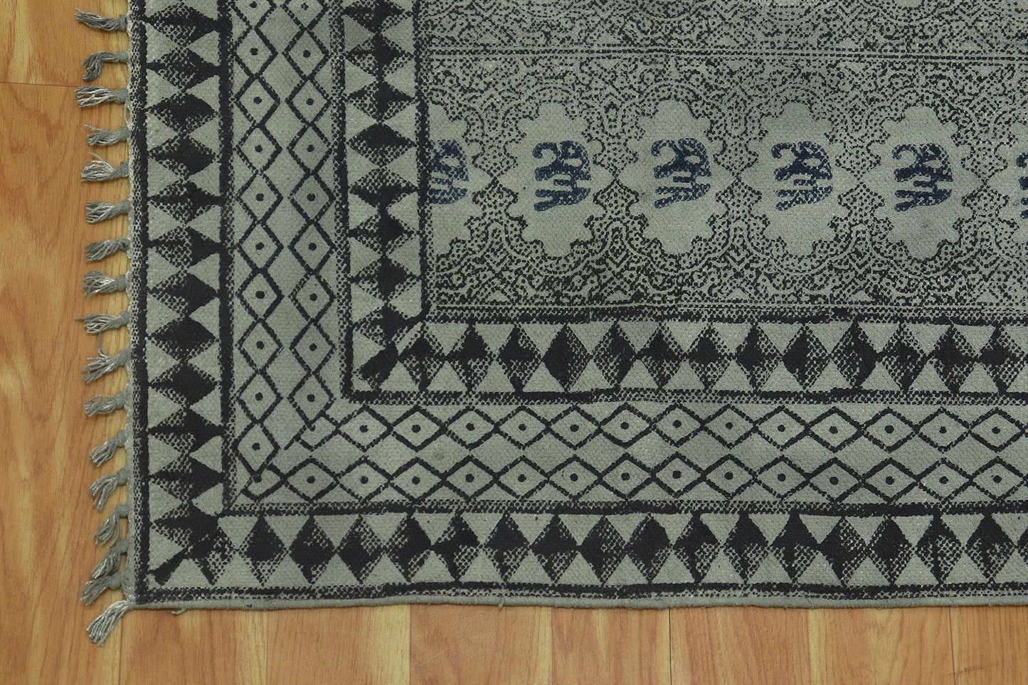 Black Gray Indian Hand Block Print Geometric Cotton rug