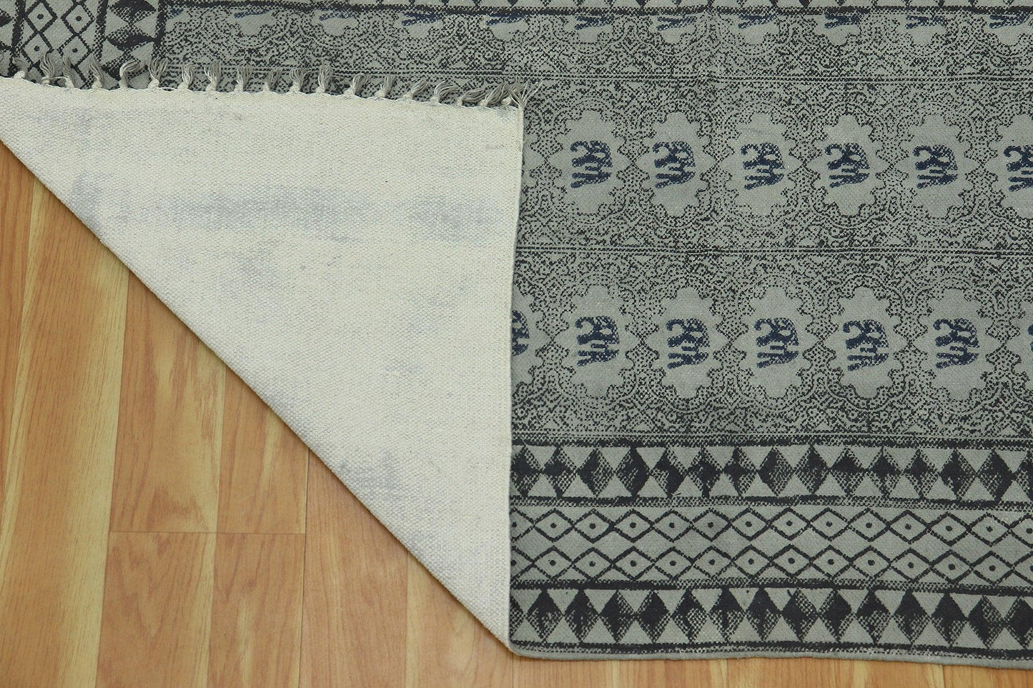 Black Gray Indian Hand Block Print Geometric Cotton rug