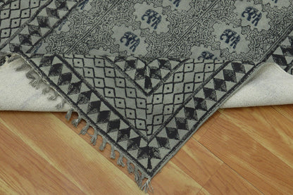 Black Gray Indian Hand Block Print Geometric Cotton rug