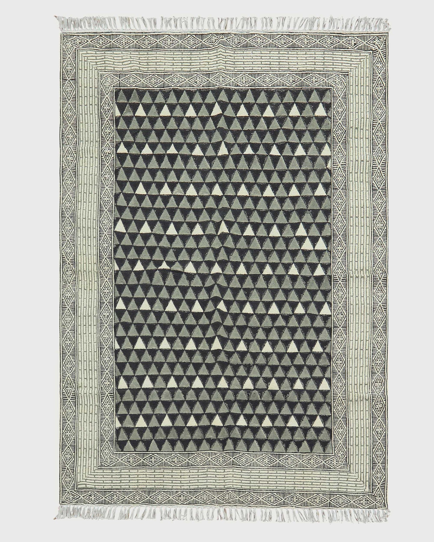 Black Gray Indian Hand Block Print Geometric Outhouse Cotton rug