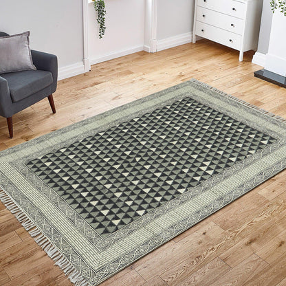 Black Gray Indian Hand Block Print Geometric Outhouse Cotton rug