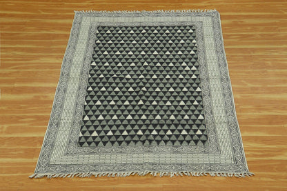 Black Gray Indian Hand Block Print Geometric Outhouse Cotton rug