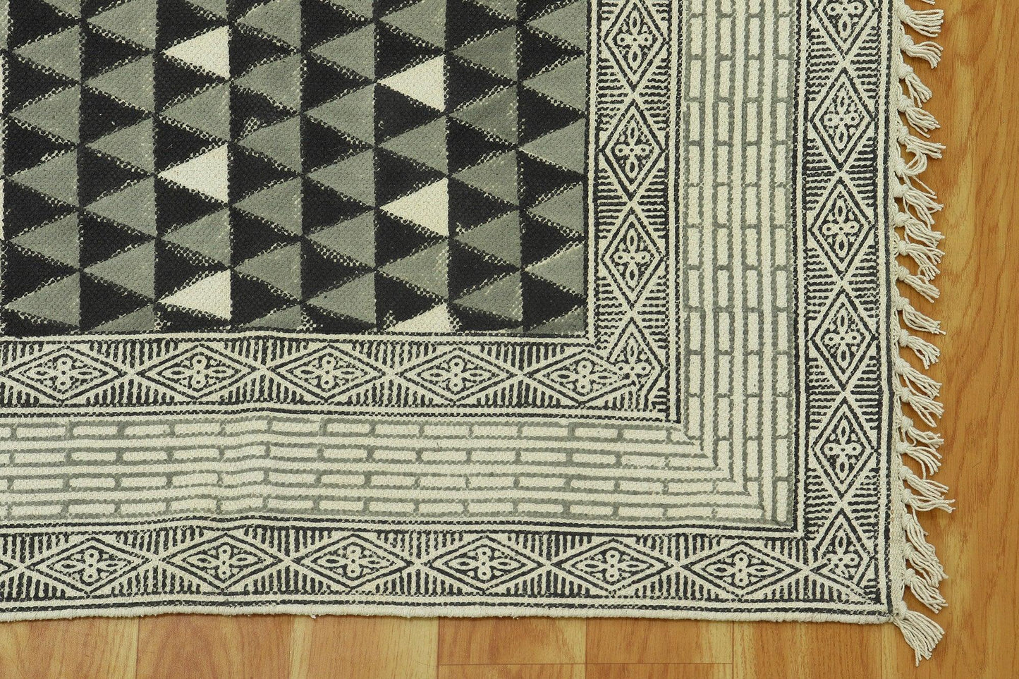 Black Gray Indian Hand Block Print Geometric Outhouse Cotton rug