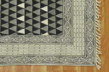 Black Gray Indian Hand Block Print Geometric Outhouse Cotton rug