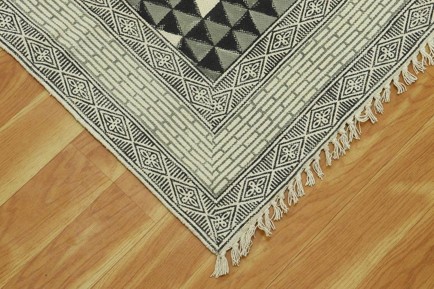 Black Gray Indian Hand Block Print Geometric Outhouse Cotton rug