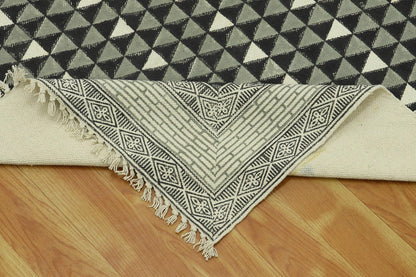 Black Gray Indian Hand Block Print Geometric Outhouse Cotton rug