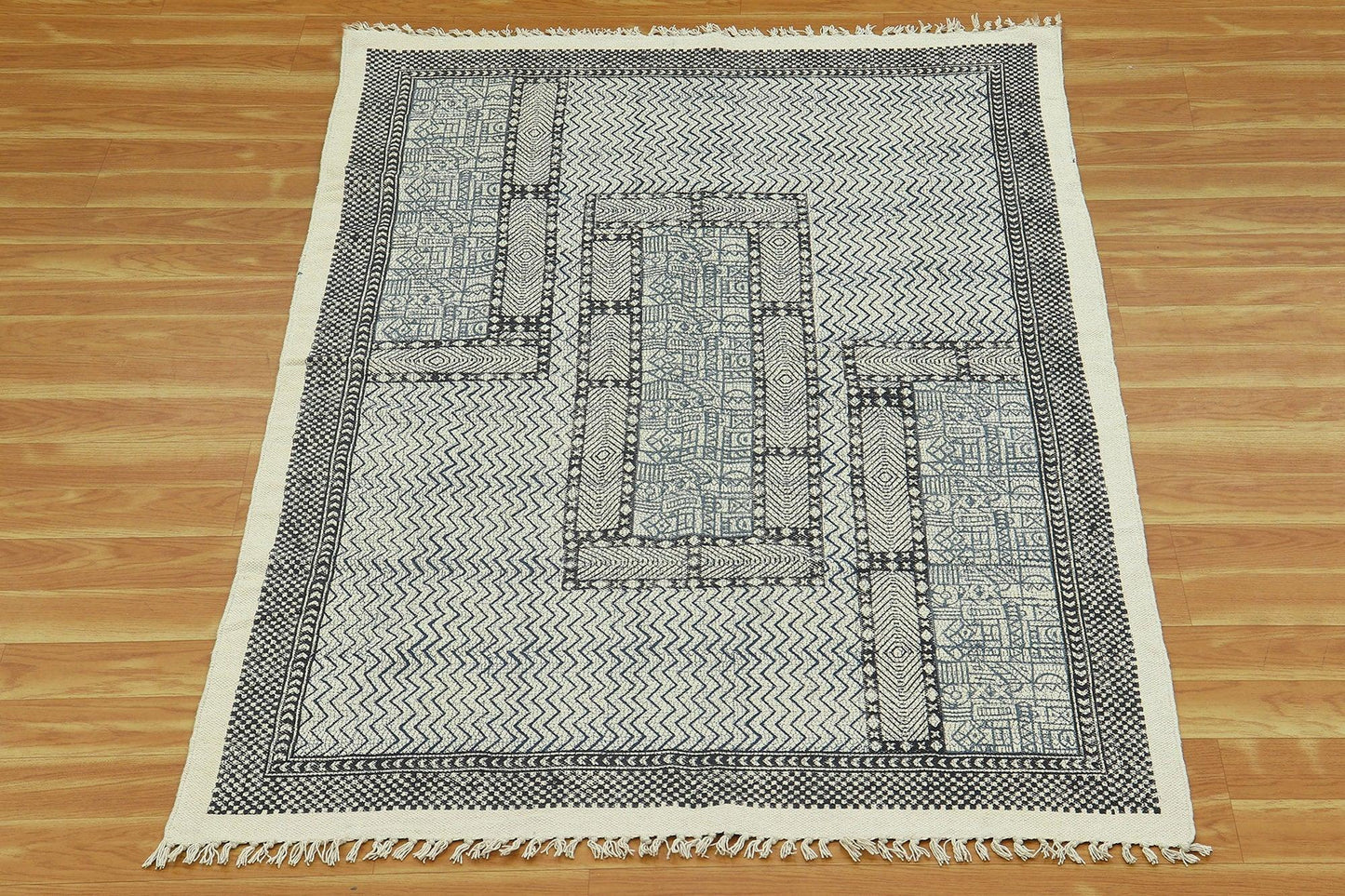 Gray Black Indian Hand Block Print Geometric Outhouse Cotton rug