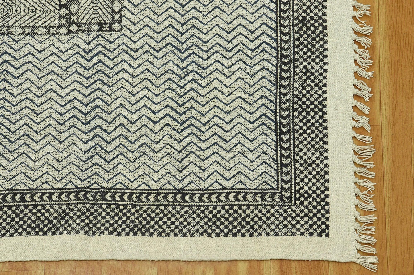 Gray Black Indian Hand Block Print Geometric Outhouse Cotton rug