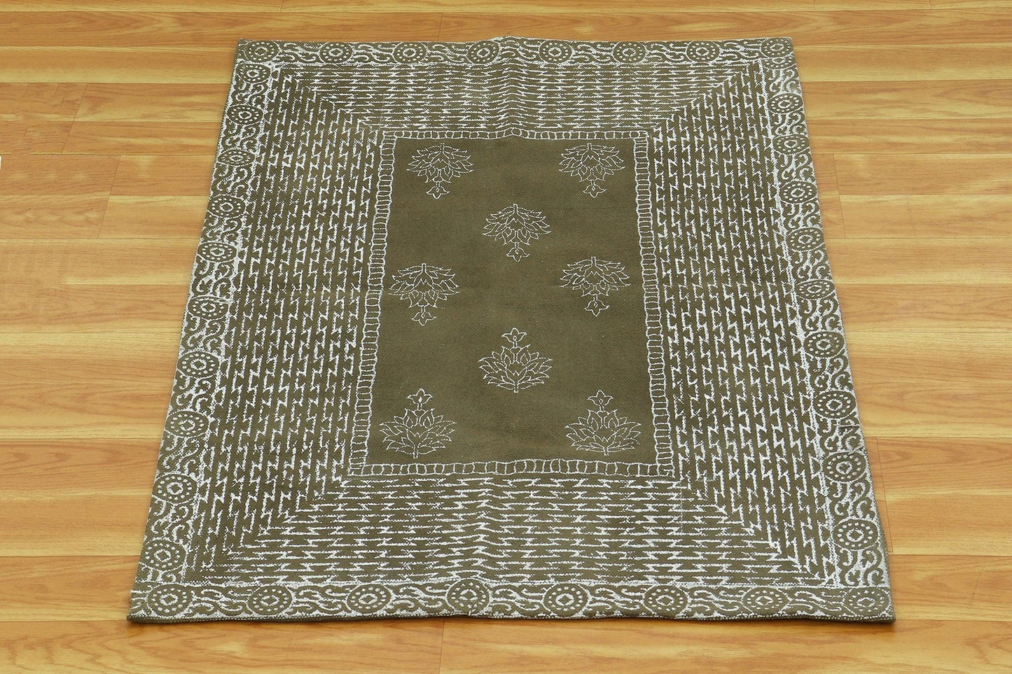 Brown White Indian Hand Block Print Geometric Outhouse Cotton rug