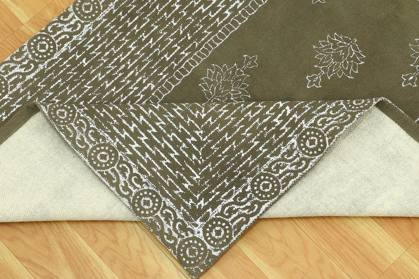 Brown White Indian Hand Block Print Geometric Outhouse Cotton rug