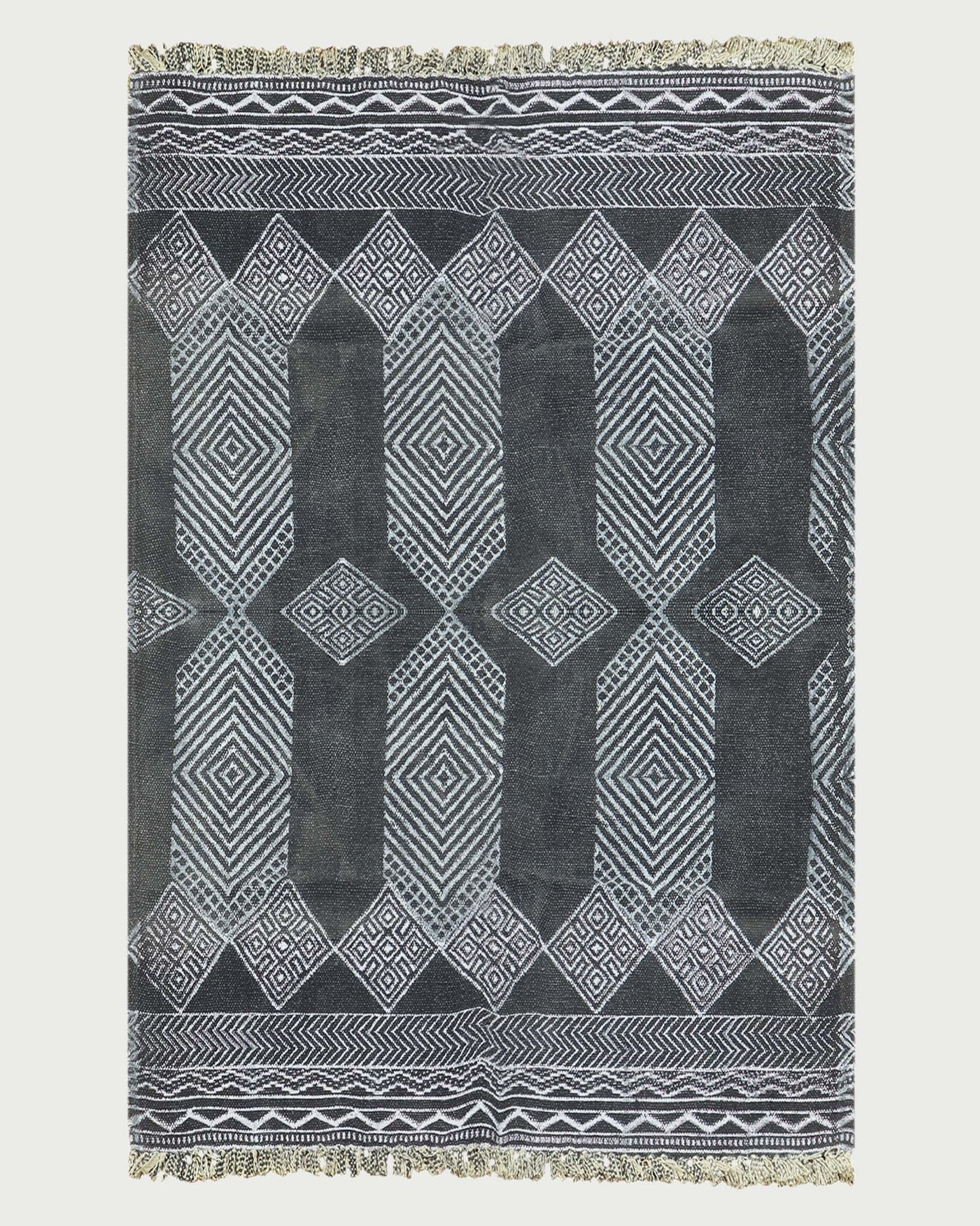 Black Gray Indian Hand Block Print Geometric Trendy Cotton rug