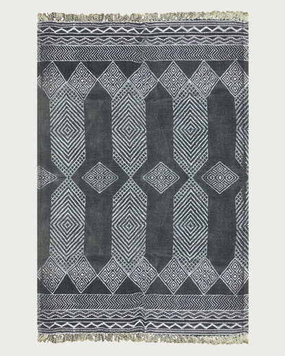 Black Gray Indian Hand Block Print Geometric Trendy Cotton rug