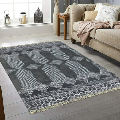 Black Gray Indian Hand Block Print Geometric Trendy Cotton rug