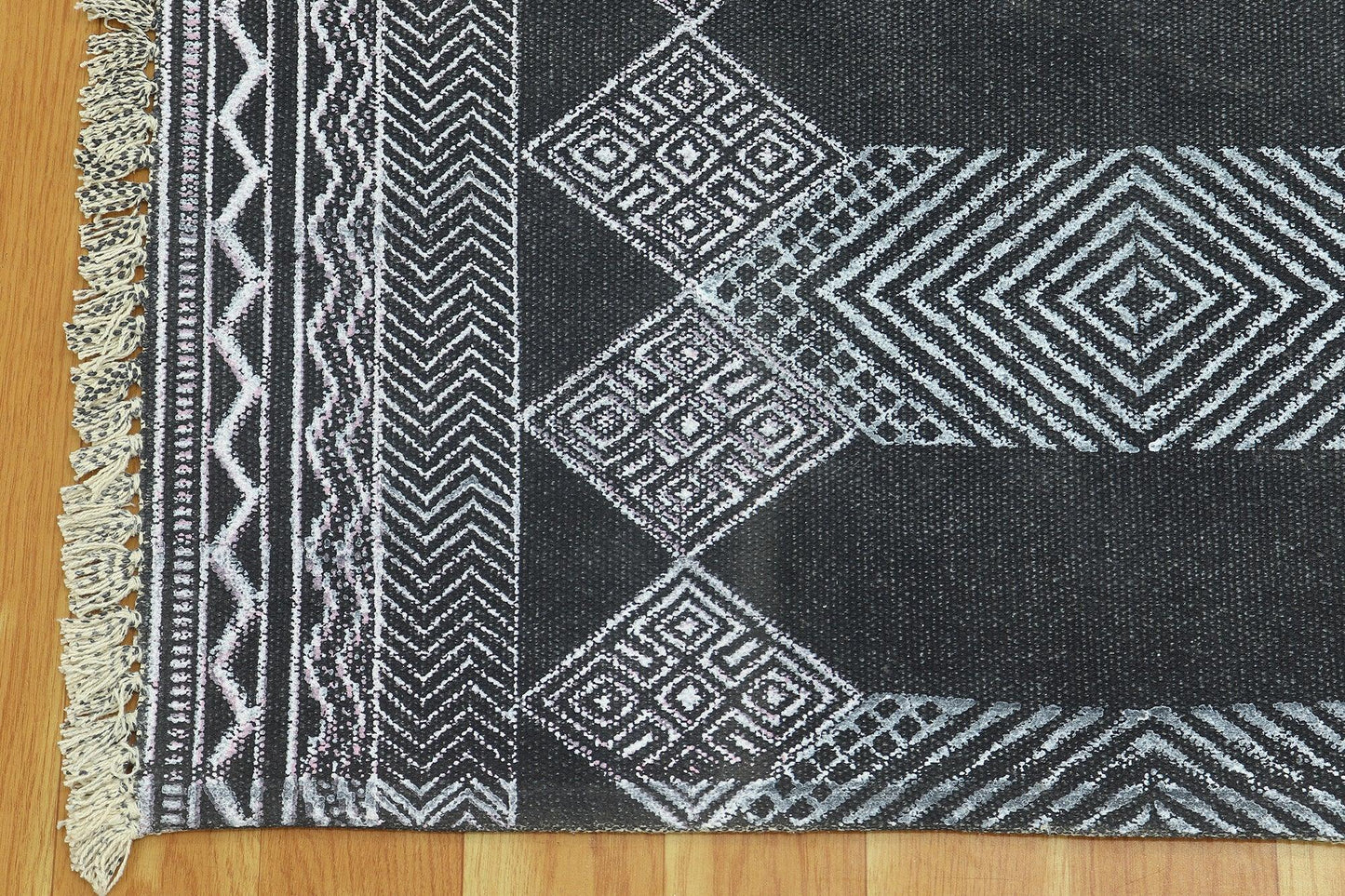 Black Gray Indian Hand Block Print Geometric Trendy Cotton rug