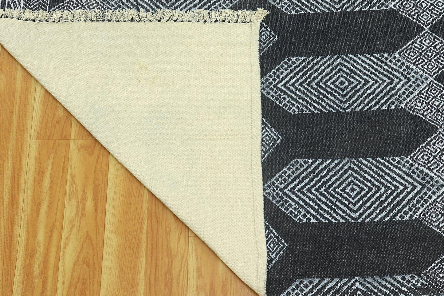 Black Gray Indian Hand Block Print Geometric Trendy Cotton rug