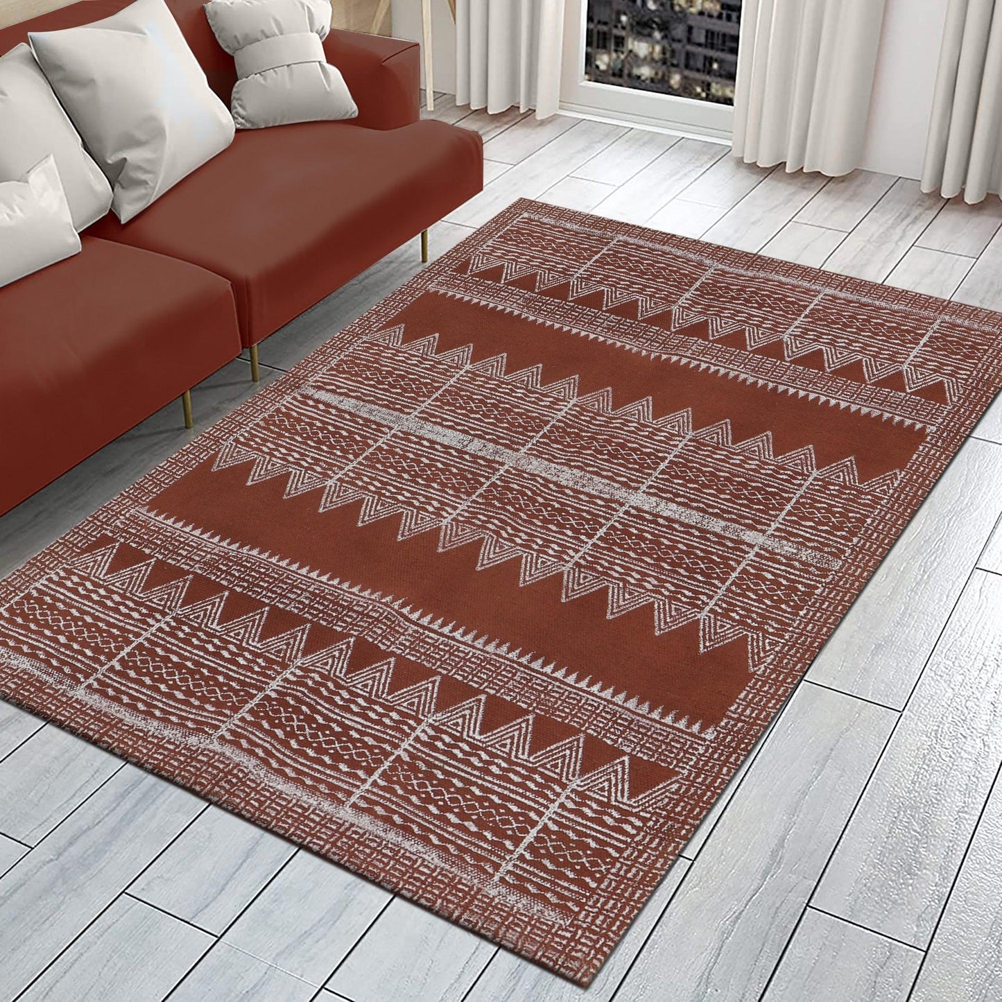 Brown Beige Indian Hand Block Print Geometric Trendy Cotton rug