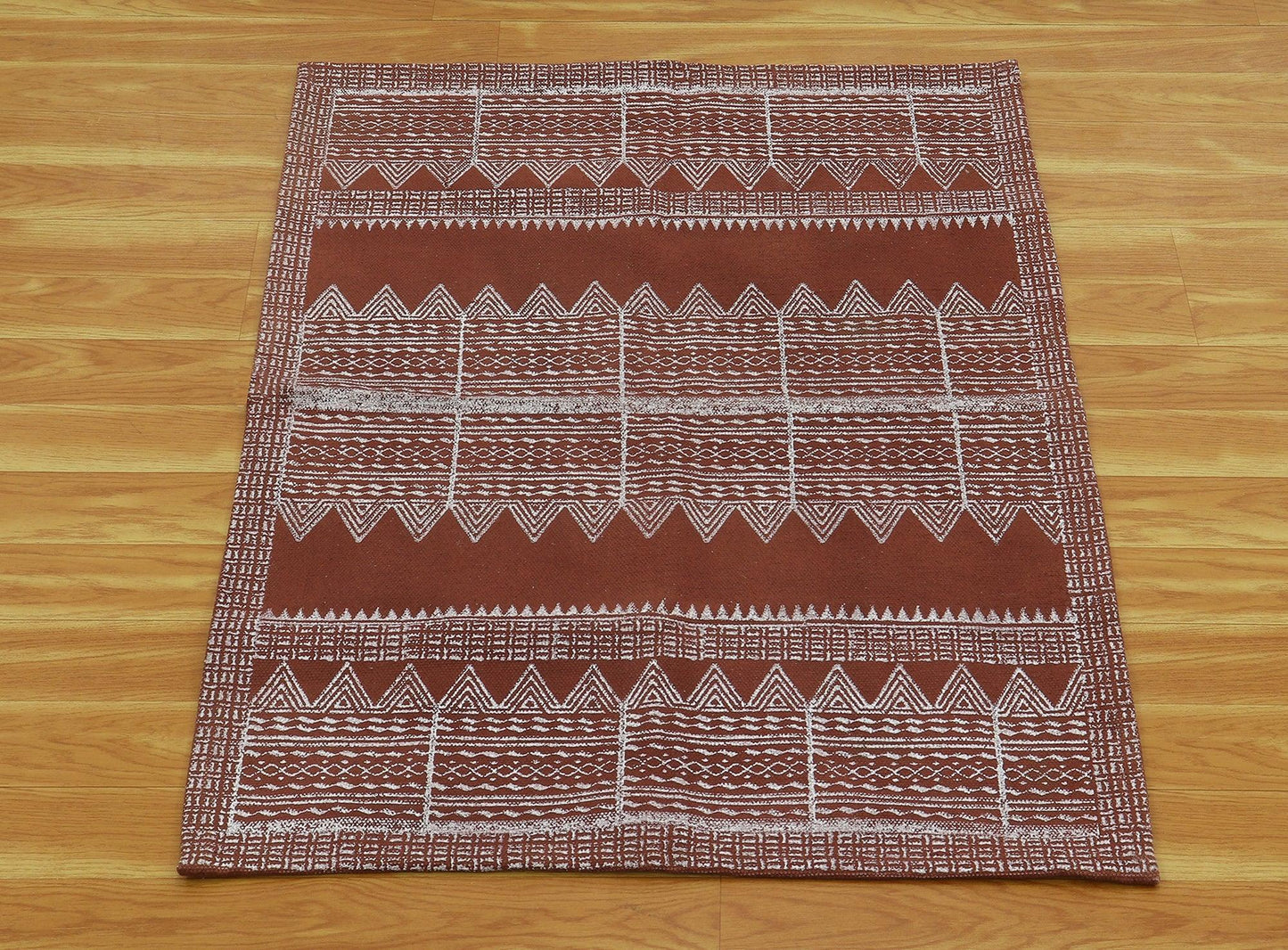 Brown Beige Indian Hand Block Print Geometric Trendy Cotton rug